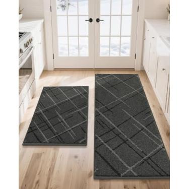 Imagem de COSY HOMEER Tapetes de cozinha, 2 peças de tapete de cozinha antiderrapante, lavável, tapetes absorventes para piso de cozinha, tapete de pia de cozinha de poliéster 61 x 91 cm + 61 cm x 152 cm (cinza