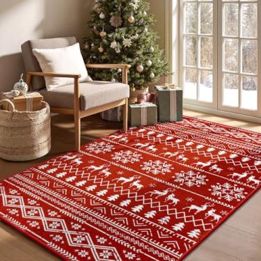 Imagem de Yamaziot Tapete de Natal, tapete de sala de estar antiderrapante lavável com floco de neve com forro de borracha, tapete vermelho macio de lã sintética para decoração de férias