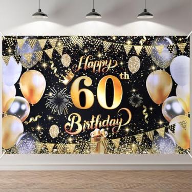 Imagem de AUAUY Banner de feliz aniversário de 60 anos, pôster preto e global, fundo de foto grande para homens e mulheres, suprimentos de decoração de festa de aniversário personalizados, 179,8 x 110 cm