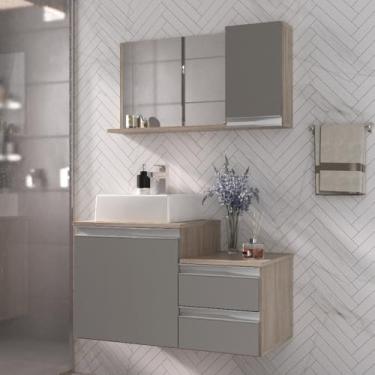 Imagem de Gabinete Banheiro CROSS 80cm (gabinete+cuba+espelheira)(Madeirado/Cinza)
