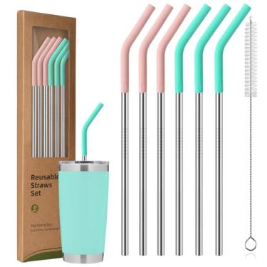 Imagem de Canudos de aço inoxidável com pontas de silicone para YETI 590 ml, pacote com 6 canudos de metal reutilizáveis para tampa YETI Tumbler MagSlider, com escova de limpeza, livre de BPA e ecologicamente