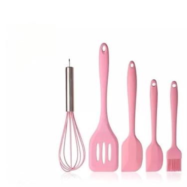 Imagem de Kit 5 Peças Utensílios de Cozinha Silicone Colher Espátula Fue Espátula Pequena Pincel(ROSA)