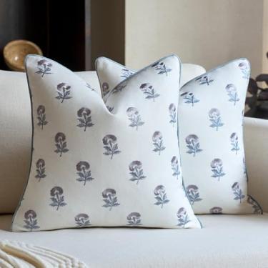 Imagem de FIOUOVO Conjunto de 2 capas de almofada florais bordadas, 50 x 50 cm, 2 capas de almofada de algodão com borda tubulada, capas decorativas para sofá, sofá, quarto, sala de estar, cinza azul