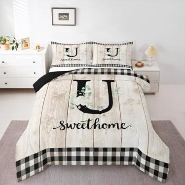 Imagem de Erosebridal Conjunto de edredom com letras, letras, flores, letra U, tamanho solteiro, floral, para crianças, meninos, meninas, homens, madeira, rústico, decoração de casa de fazenda, edredom (U)