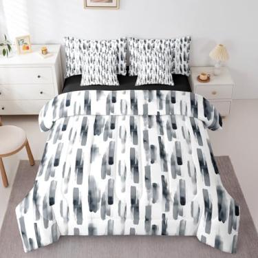 Imagem de Erosebridal Conjunto de edredom casal preto e branco, 7 peças, arte cinza, abstrata, listrada, para mulheres, homens e adultos, roupa de cama moderna com graffiti boêmio, aquarela com lençóis