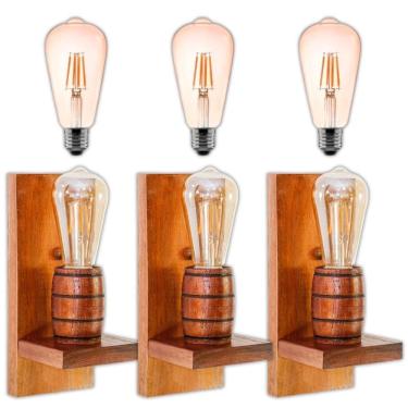 Imagem de Kit 3 Arandelas Barril Delenha Decor Mogno + Lâmpadas