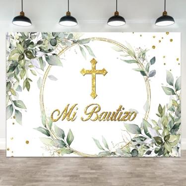 Imagem de ASDCXZ 2,7 x 1,8 m Mi Bautizo Pano de fundo fotográfico God Bless First Holy Communion Folhas Verdes Batismo Banner Decorações Mi Primera Comunion Recém-nascido Chá de Bebê Retrato Cabine de Fotos