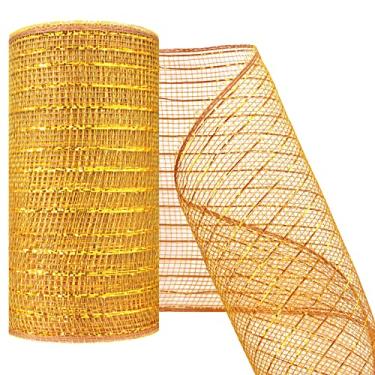 Imagem de MIKIMIQI Deco Mesh 15 cm x 76 cm Fita de malha decorativa com folha metálica Deco Mesh Wreath Supplies Rolo de malha para grinaldas de primavera, grinaldas, artesanato, decoração de festa (ouro)