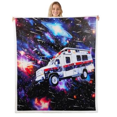 Imagem de Erosebridal Cobertor infantil de lã de carro de ambulância 152 cm x 203 cm para cama de meninos e meninas, cobertor de lã de ovelha para veículos de emergência roxo galáxia céu estrelado cobertor de