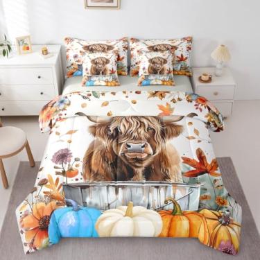 Imagem de Erosebridal Jogo de cama de casal Fall Highland Cow, 7 peças, colheita de outono, vaca Highland, animais rústicos, animais de fazenda, para crianças e adultos, conjunto de cama de flor e folhas de