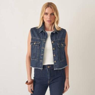 Imagem de Camisa Colete Jeans Cropped com Barra Desfeita - Bloom, Jeans stone, G