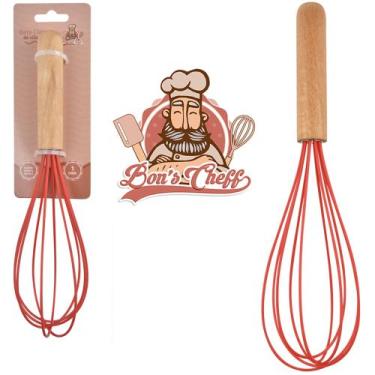 Imagem de Batedor de clara fouet manual de silicone vermelho cabo madeira bons c