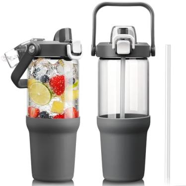 Imagem de HYDRAGLAZIC Copo de vidro com alça de transporte, garrafa de água de vidro transparente com tampa à prova de vazamento, tampa de bico e canudo, livre de BPA, 946 ml, cinza