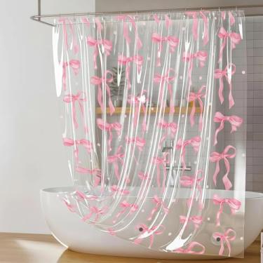 Imagem de Forro de cortina de chuveiro transparente com laço de fita rosa, forro de cortina de chuveiro transparente de plástico EVA com design, 72 x 72 ilhós, à prova d'água, lindas pétalas de flores, conjunto