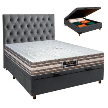 Imagem de Conjunto Cama Box Bau Cinza Casal + Colchão Molas Ensacadas Legriff Sankonfort + Cabeceira