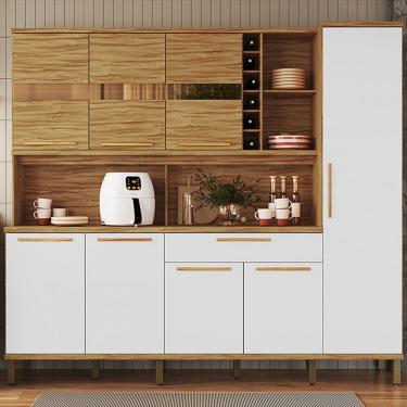 Imagem de Cozinha Compacta Touriga 8 Portas 1 Gaveta 100% Mdf com Vidro Amêndoa/Branco - Rio Doce