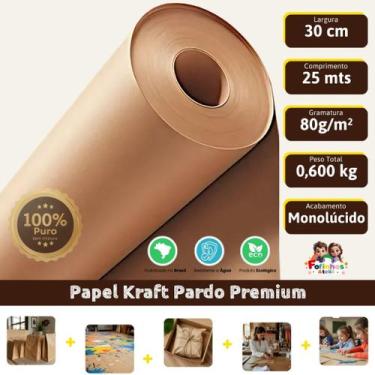 Imagem de Papel Kraft 80g Com 30cm De Largura x 25 Metros Monolúcido Embalagem -