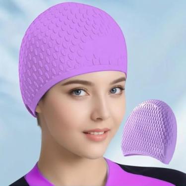 Imagem de Touca de natação para mulheres e homens, touca de banho mantém o penteado, chapéu elástico esportivo bolha para cabelos longos (roxo)