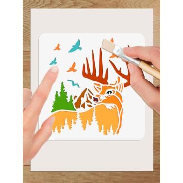 Imagem de 3 peças de estênceis de desenho de veados e pássaros, estêncil reutilizável de animais, montanha, floresta, modelos de arte reutilizáveis para cartões, scrapbook, pintura em piso de parede de madeira