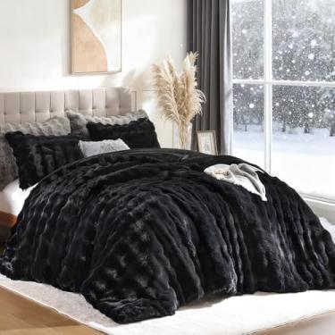 Imagem de YIKUSH Conjunto de edredom preto casal, luxuoso de pele sintética para o inverno, conjunto de cama queen fofo com 2 fronhas, preto macio e quente