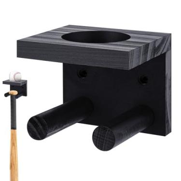 Imagem de Weysat Suporte de taco e bola de beisebol montado na parede pode conter 1 conjunto de bolas de beisebol e tacos, suporte de armazenamento de madeira organizador de armazenamento de softbol (preto)