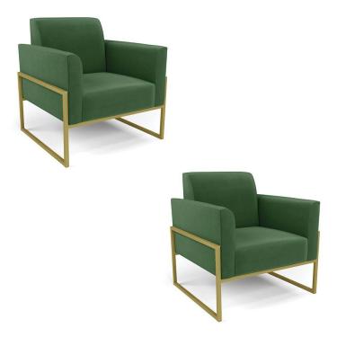 Imagem de Kit 2 Poltronas Base Industrial Alta Dourado Marisa Suede Verde D03 - D\'rossi