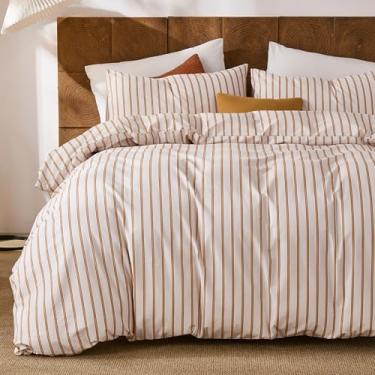 Imagem de Merryword Conjunto de capa de edredom listrado Queen Size 3 peças 100% algodão com design listrado vertical bege e terracota, conjunto de cama macio e leve reversível para todas as estações