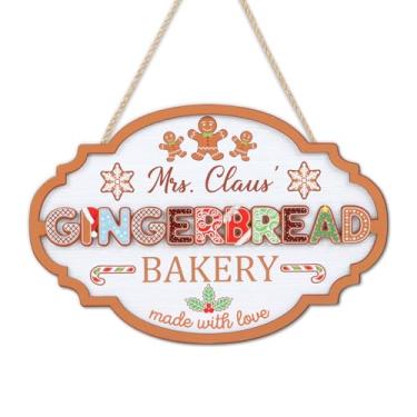 Imagem de HOURIA Placa de madeira de padaria de Natal 3D (29 x 19,3 cm), placa de parede para pendurar na parede Mrs Clause Gingerbread Bakery, Natal, Natal, balas, flocos de neve, decoração de porta para festa