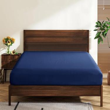 Imagem de Pacote com 2 lençóis King Size 100% algodão egípcio 600 fios 40,6 cm com bolso profundo, ultramacio, durável, respirável e confortável (lençol com elástico King 2Psc, azul marinho)