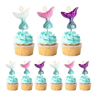 Imagem de 9 peças de vela gradiente cauda de sereia, velas de aniversário, enfeite de bolo de sereia para festas de aniversário, decorações de casamento, velas de festa, celebrações (9 peças - cores mistas)