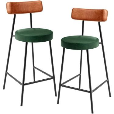 Imagem de Kit 02 Banquetas Baixa Cozinha Sala Jantar Bancada Milão L02 Couríssimo Camel Verde