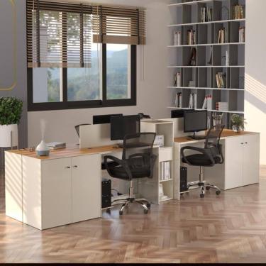 Imagem de Estação De Trabalho 4 Lugares Office Tech 4 Mesas 2 Armários - Off White E Cedro Off White E Cedro