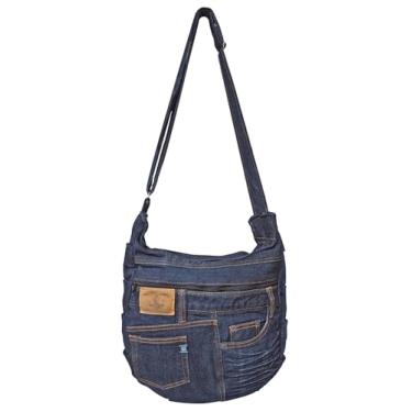Imagem de Bijoux de Ja Bolsa tiracolo feminina com pregas jeans Upcycled, bolsa jeans feita à mão com alça ajustável e bolso, Azul, Medium