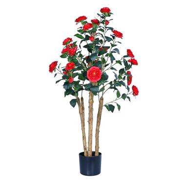 Imagem de Camélia de árvores artificiais realistas com troncos de madeira natural, rosa sintética de seda perene com flores de seda, decoração interna para sala de estar, varanda, escritório (vermelho, 1,2 m x
