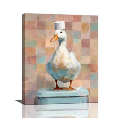 Imagem de Pato engraçado arte de parede de banheiro pato fofo em tela de banheiro decoração de parede engraçado peculiar animais de fazenda impressão de pintura emoldurada decorações presentes para banheiro