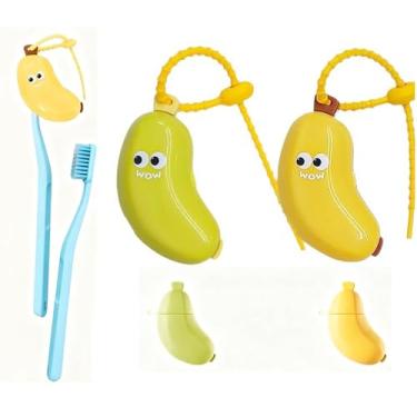 Imagem de Pacote com 2 capas de escova de dentes de banana com dispensador de pasta de dente - Protetor de escova de dentes bonito em forma de fruta para viagens, casa, acampamento, ideal para crianças e