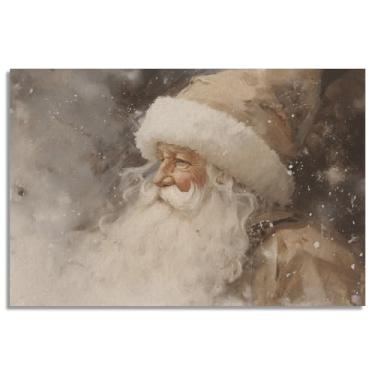 Imagem de Fenbhjgy Arte de parede em tela de Natal de Papai Noel, pôster vintage de pintura de Papai Noel, decoração de parede rústica de férias de inverno, imagem grande de impressão de Natal bege neutro para
