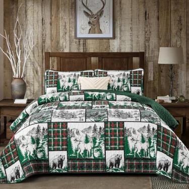 Imagem de Conjunto de colcha de retalhos de Natal, Queen, tamanho Queen, 3 peças, colcha reversível de rena, árvore de Natal verde, colcha de poliéster macio com duas fronhas padrão para todas as estações