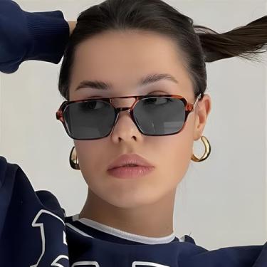 Imagem de Óculos de sol aviador retrô para mulheres e homens, óculos de sol retangulares modernos UV400, Lente preta + armação de tartaruga
