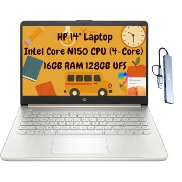Imagem de HP Laptop estudantil portátil 14 fino 2025, HD de 14 polegadas, Intel N150 de 4 núcleos, 16 GB de RAM, armazenamento de 256 GB (128 GB UFS + 128 GB microSD), 1 ano de escritório 365, Wi-Fi 6, HDMI