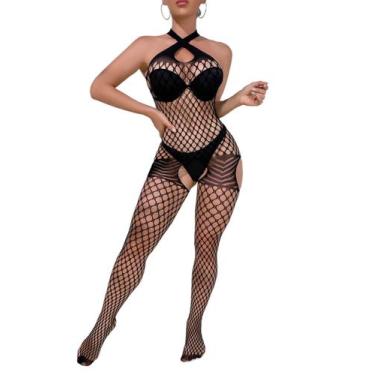 Imagem de Malha sexy feminina Bodystocking SINROYEE, arrastão preta