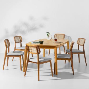 Imagem de Conjunto Mesa de Jantar Lalá Retangular Carvalho Americano - 1,80mx1,00m + 6 Cadeiras Lótus Encosto Palha Larga - Linne Cru