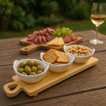 Imagem de Kit Petisqueira Pinus e 3 Travessas Vidro 200ml Folha(Petisqueira Folha Elegante)