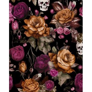 Imagem de ILHIIOR Papel de parede floral preto gótico flor laranja papel de contato crânio de açúcar papel de parede impermeável autoadesivo removível para gavetas de armário decoração de parede amigável para