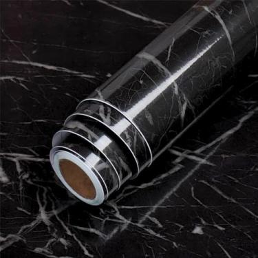 Imagem de Papel de Parede 5 METROS x 60CM Marmorizado, Adesivo PVC, Design Mármore Preto, Decorativo para Interiores, Adesivo Autocolante Marmore brilhante Envelopamento Mesa Vidro Moveis