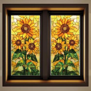 Imagem de Peacoblue Adesivo de janela dupla face para janelas de carro de vidro grandes, 1 folha de girassóis 120 x 30 cm à prova d'água removível para decoração de escritório em casa