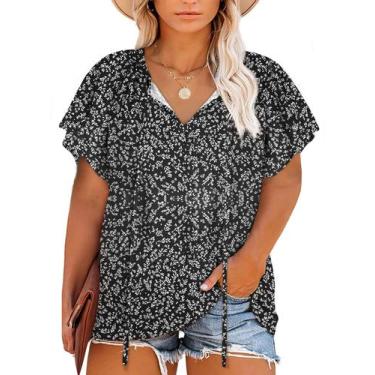 Imagem de Blusa feminina Eytino plus size floral de chiffon com decote em V pret