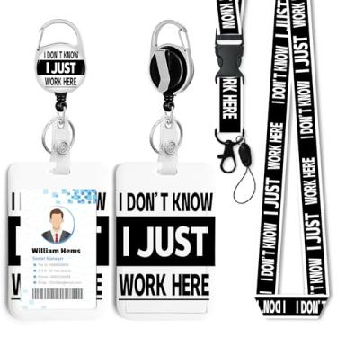 Imagem de Porta-crachá de identificação Work Here preto e branco com cordão breakaway e carretel retrátil resistente - chaveiro mosquetão giratório de 360° para mulheres, estudantes, professores, enfermeiros