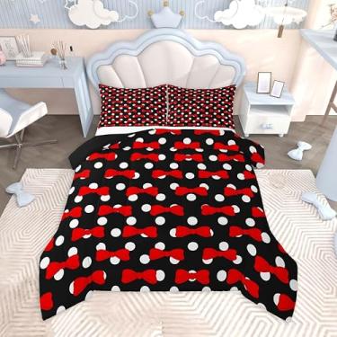 Imagem de jejeloiu Jogo de cama com laço fofo, 3 peças, tamanho casal, com bolinhas, bolinhas brancas, para meninos e meninas, edredom com tema de princesa vermelha, macio, leve, microfibra