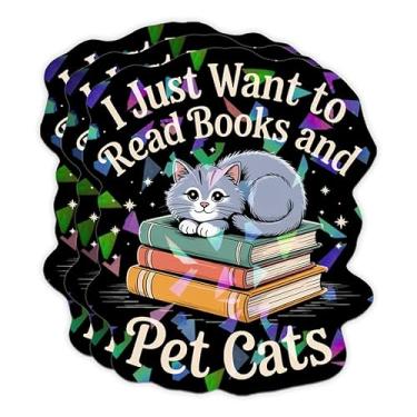 Imagem de (3 peças) I Just Want to Read Books and Pet Cats Adesivo retrô de leitura para amantes de livros fofos adesivos holográficos para laptop, copo, Kindle, garrafa de água, caderno de 7,6 cm